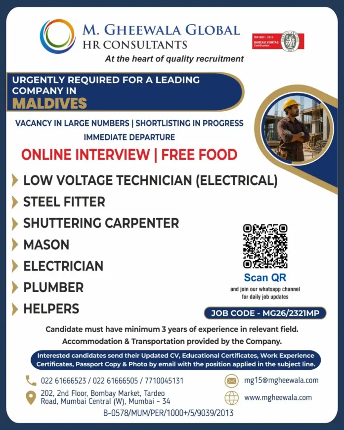 Construction workers in Maldives – urgent hiring by TAS M. Gheewala Global HR Consultants