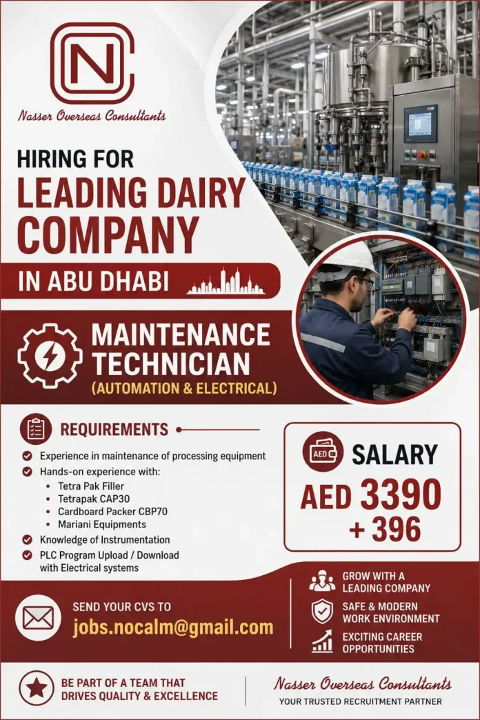 Maintenance Technician working on dairy processing equipment in Abu Dhabi