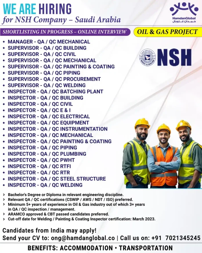 NSH Company QA QC Jobs Saudi Arabia