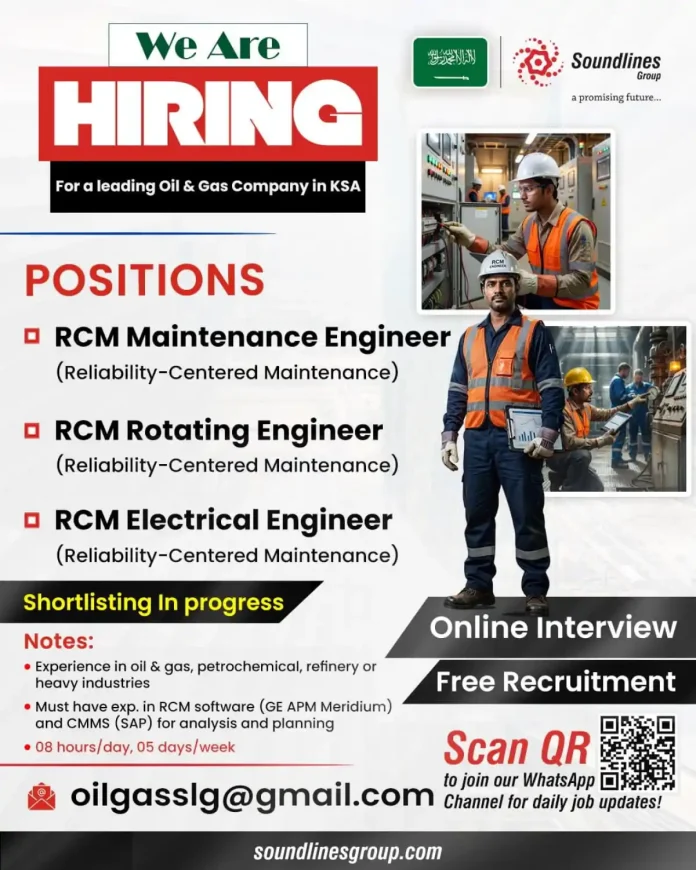 Soundlines Group recruitment banner for RCM Engineers in Oil and Gas industry