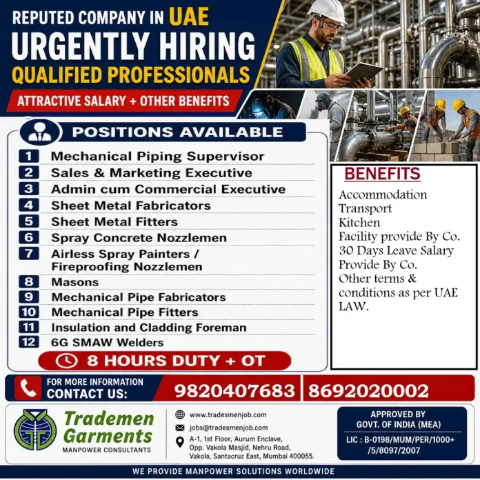 UAE job hiring banner for construction and mechanical professionals