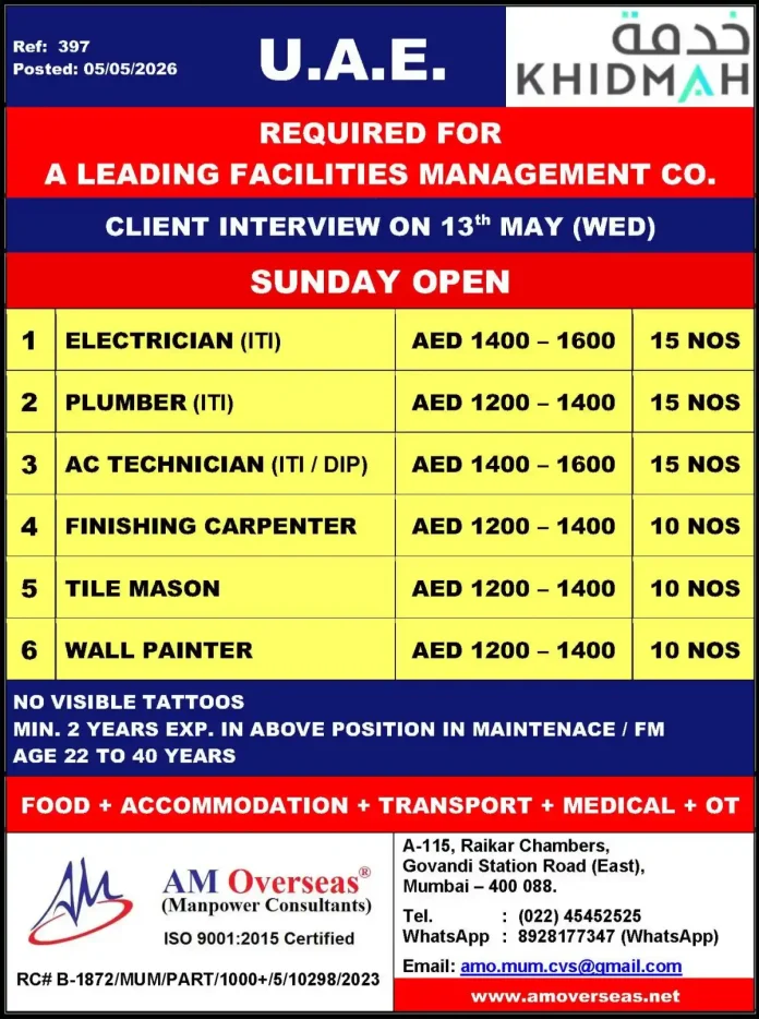 AM Overseas recruitment for facilities management jobs in UAE 2026