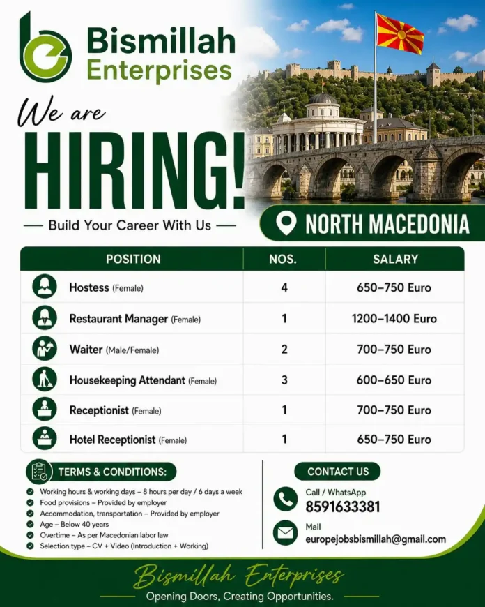 Bismillah Enterprises hiring banner North Macedonia hospitality jobs