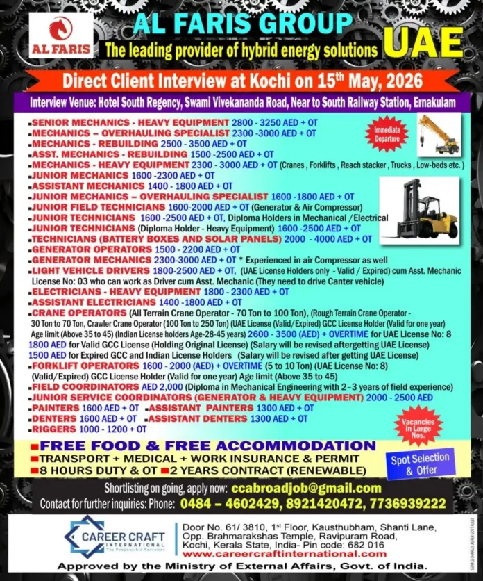 Career Craft International job fair for CAL FARIS GROUP UAE heavy equipment positions