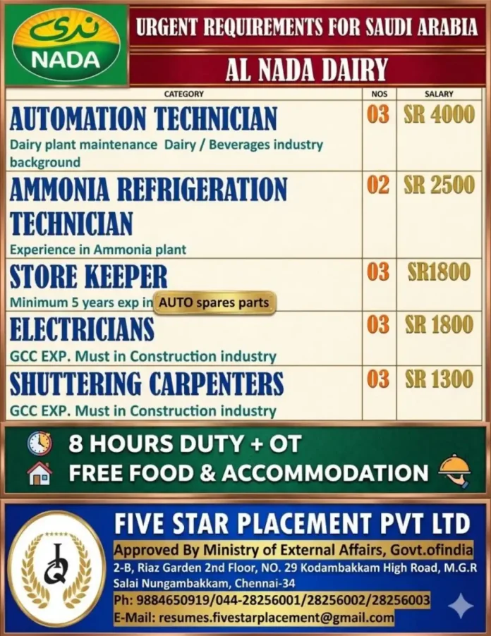 Five Star Placement job openings Saudi Arabia dairy construction
