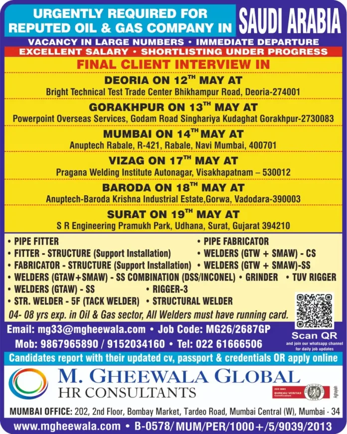 Oil and Gas job interview poster with schedule and contact details