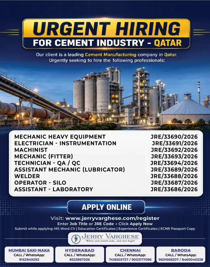 Cement factory in Qatar with workers and heavy machinery