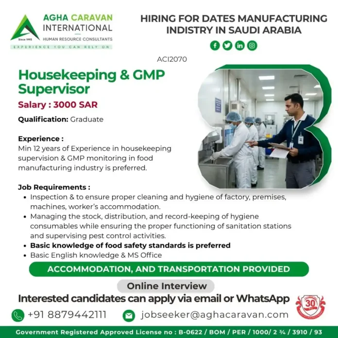 Housekeeping and GMP Supervisor in food manufacturing