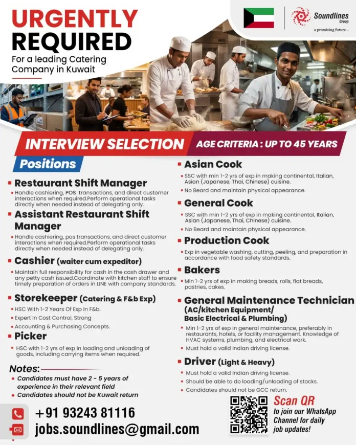 Soundlines Group job opportunity for catering positions in Kuwait
