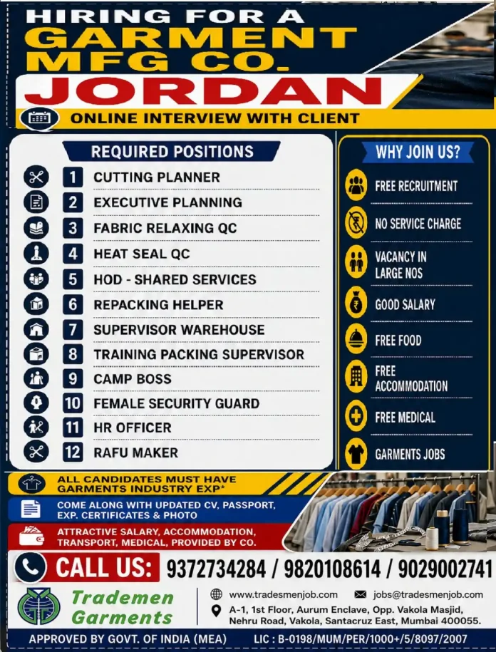 Job posting image for garment manufacturing positions in Jordan
