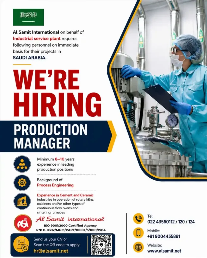Production Manager job opportunity in Saudi Arabia for cement and ceramic industry