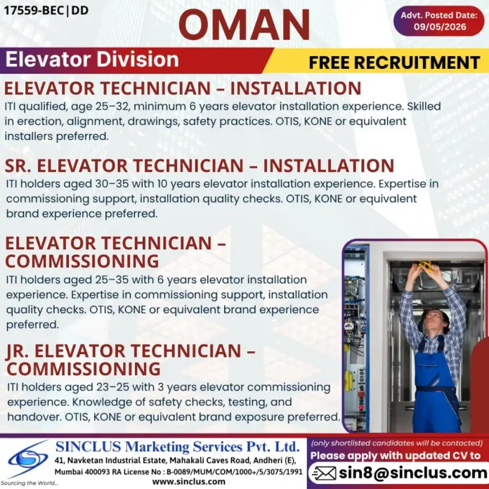 Elevator Technician job in Oman free recruitment Sinclus