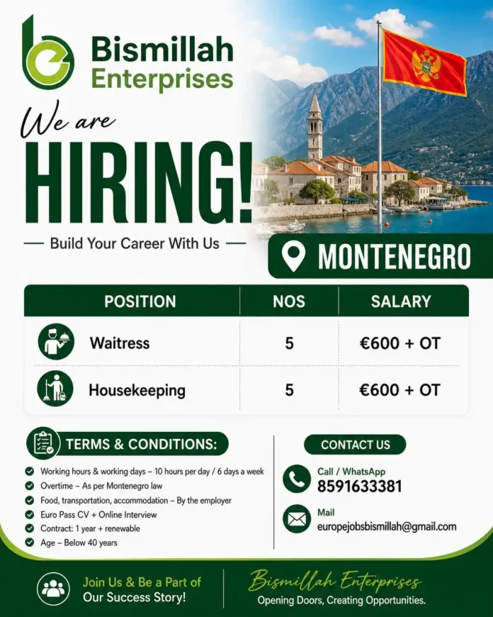 Waitress and Housekeeping job vacancy in Montenegro