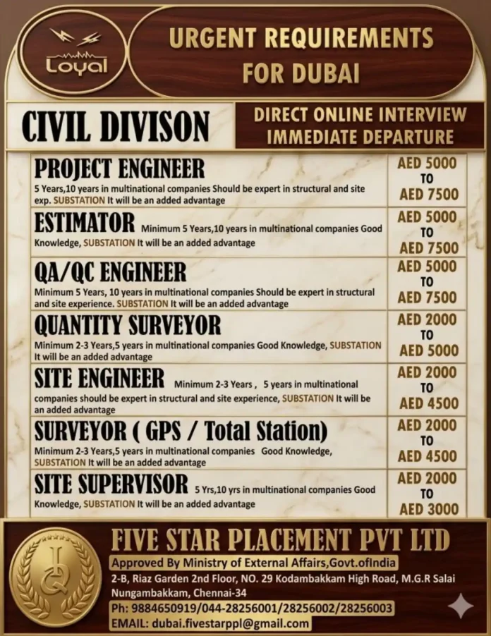 Civil engineering and construction jobs in Dubai with Five Star Placement
