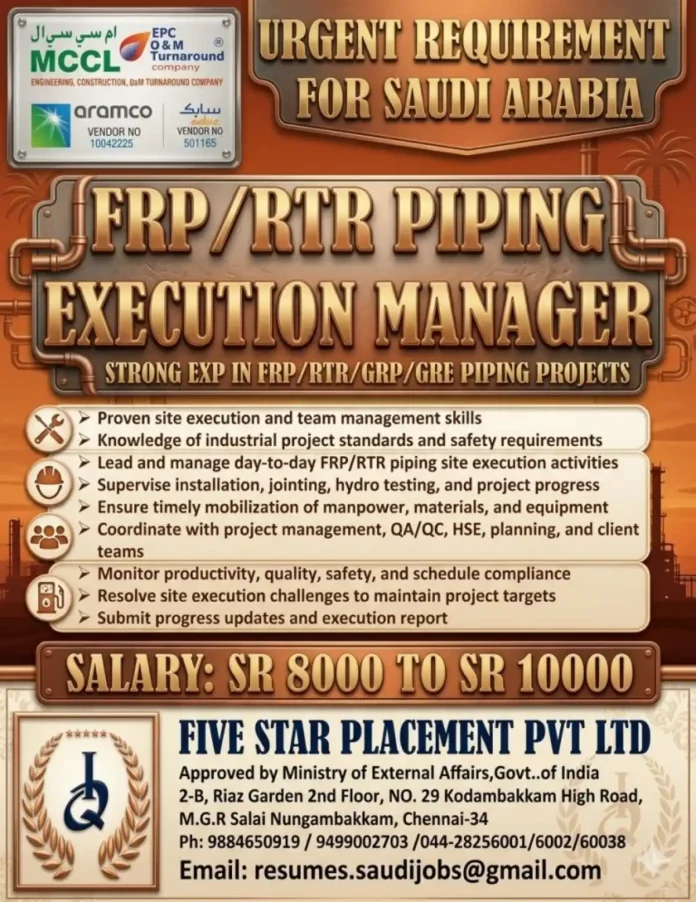 FRP Piping Execution Manager job at MCCL Saudi Arabia