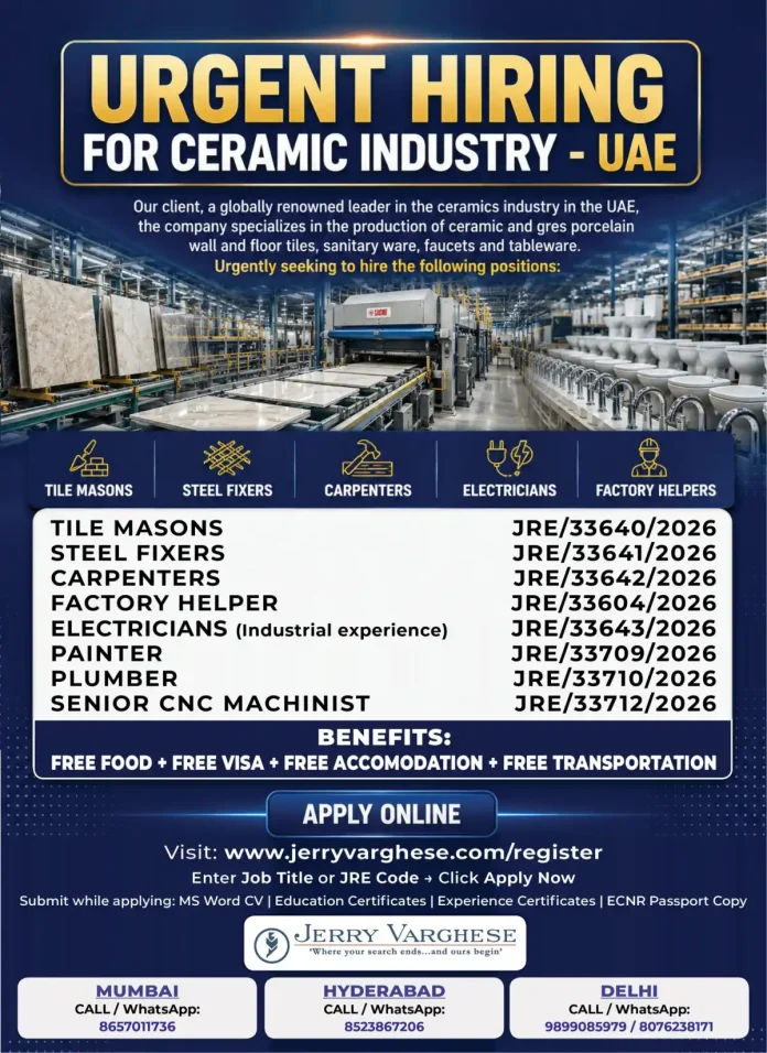Jerry Varghese recruitment for ceramic industry UAE