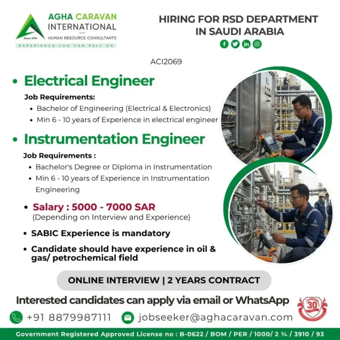 Agha Caravan International hiring Electrical and Instrumentation Engineers for Saudi Arabia