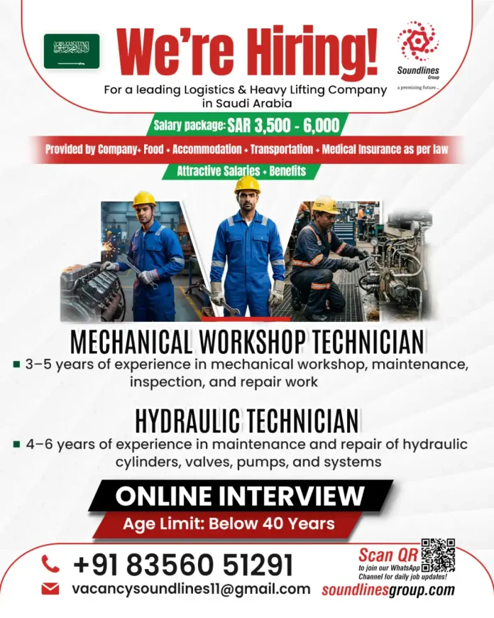Soundlines Group hiring Mechanical Workshop Technician and Hydraulic Technician in Saudi Arabia