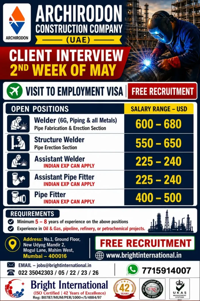 Archirodon construction UAE recruitment walk-in interview Mumbai May 2025