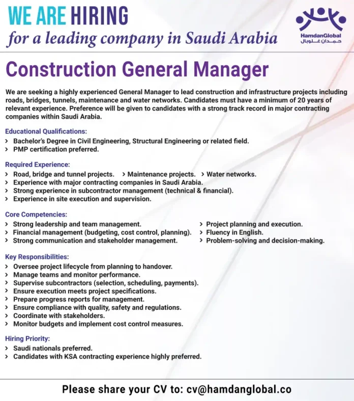 Construction General Manager job opening at Hamdan Global in Saudi Arabia