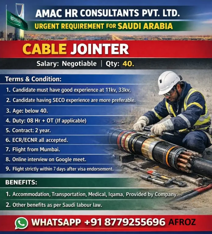 Cable Jointer working on high voltage cable in Saudi Arabia