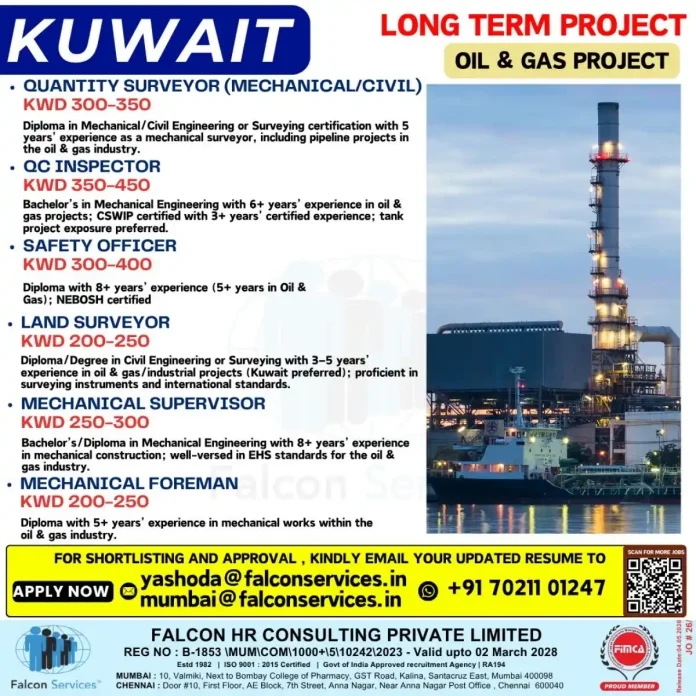 Falcon Services hiring for Oil and Gas jobs in Kuwait