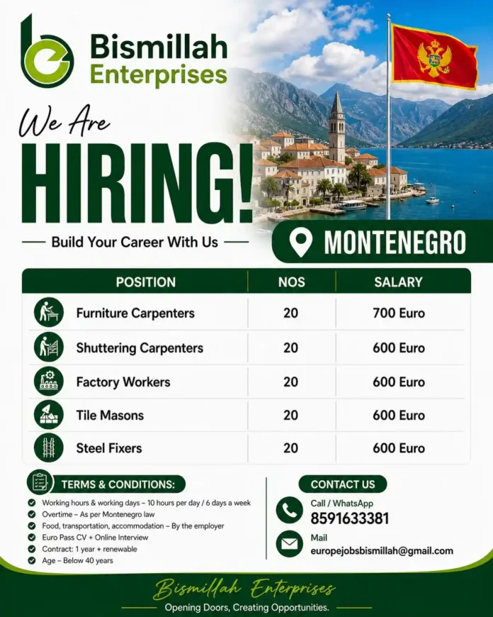 Bismillah Enterprises recruitment poster for Montenegro jobs showing Furniture Carpenters, Shuttering Carpenters, Tile Masons, Steel Fixers, and Factory Workers with salary details and contact information