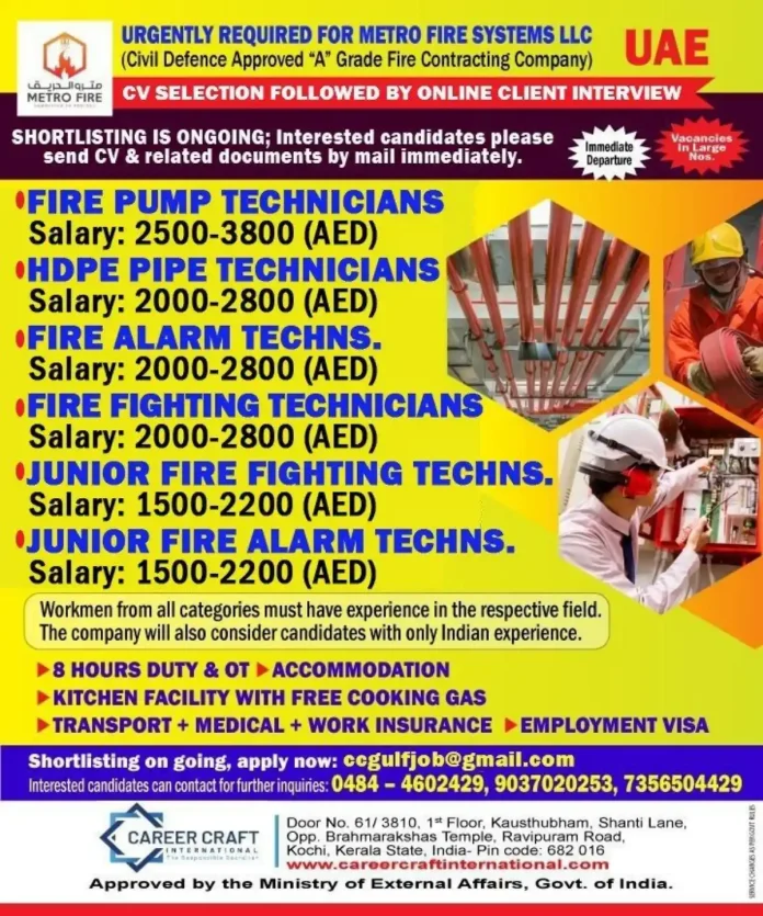 Metro Fire Systems LLC recruitment – Fire safety technician jobs in UAE