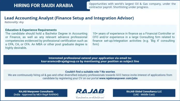 Lead Accounting Analyst job opportunity with Saudi Aramco and RAJAB Manpower Consultants