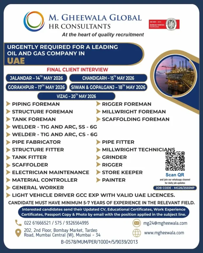 M Gheewala Global HR Consultants recruitment poster for oil and gas jobs in UAE with interview dates in May 2026