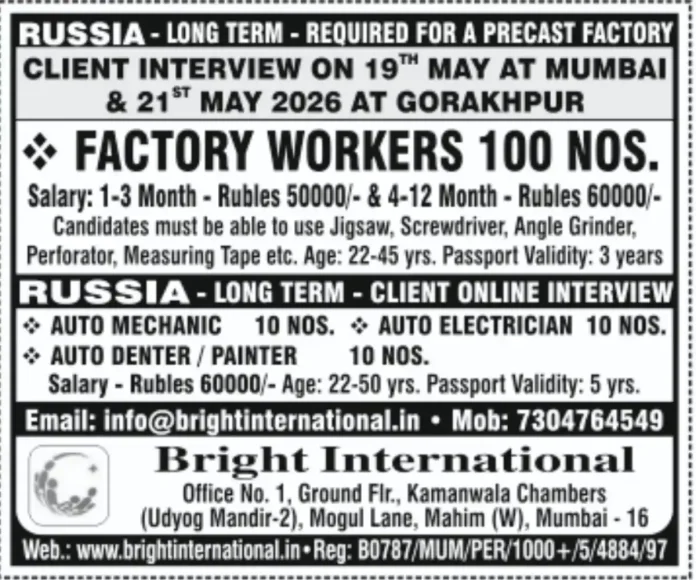 Russia precast factory workers and auto mechanics recruitment by Bright International