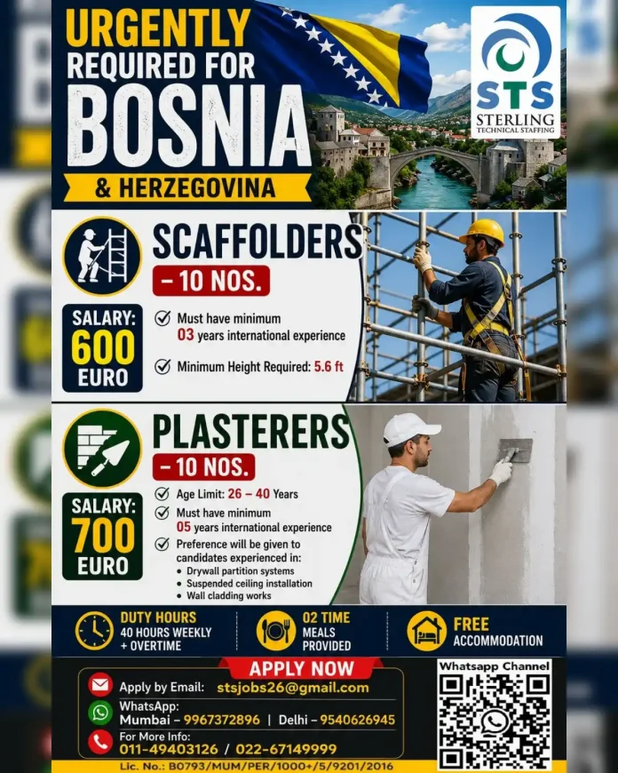 Scaffolder and Plasterer job opportunity in Bosnia