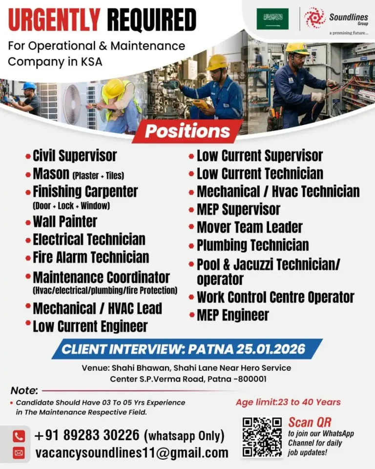 Urgent Requirement for Operational & Maintenance Company in KSA | Soundlines Group Recruitment 2026