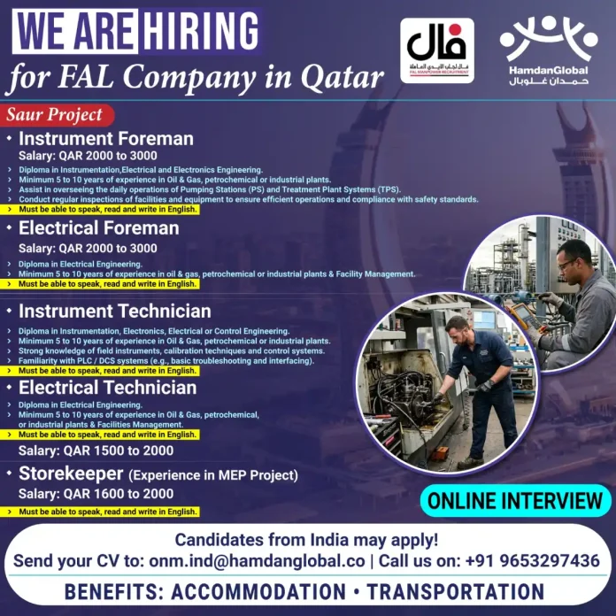 FAL Company Qatar recruitment banner for Saur Project jobs