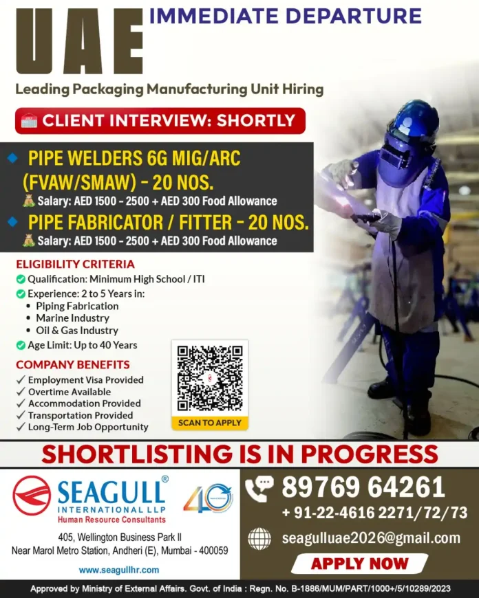 UAE job recruitment for pipe welders and fabricators