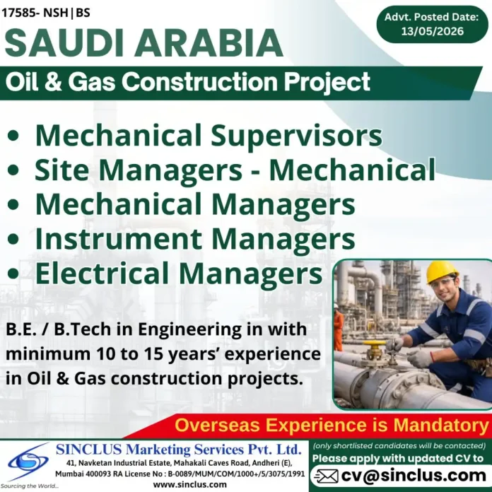 Saudi Arabia Oil & Gas Construction Project - Mechanical, Electrical, Instrument Jobs