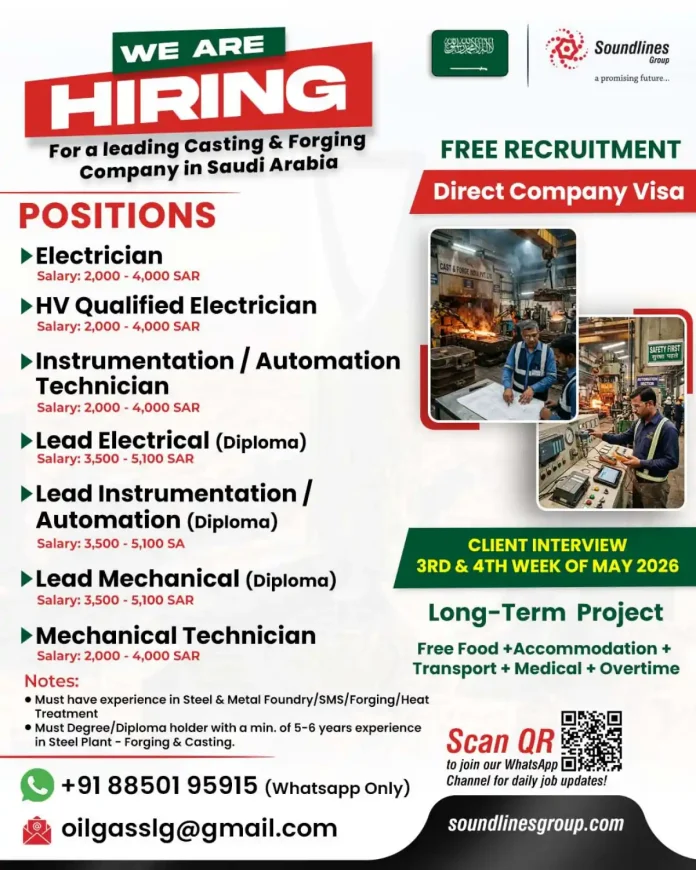 Job posting for Casting and Forging company in Saudi Arabia with positions for Electrician, Technician, and Lead roles