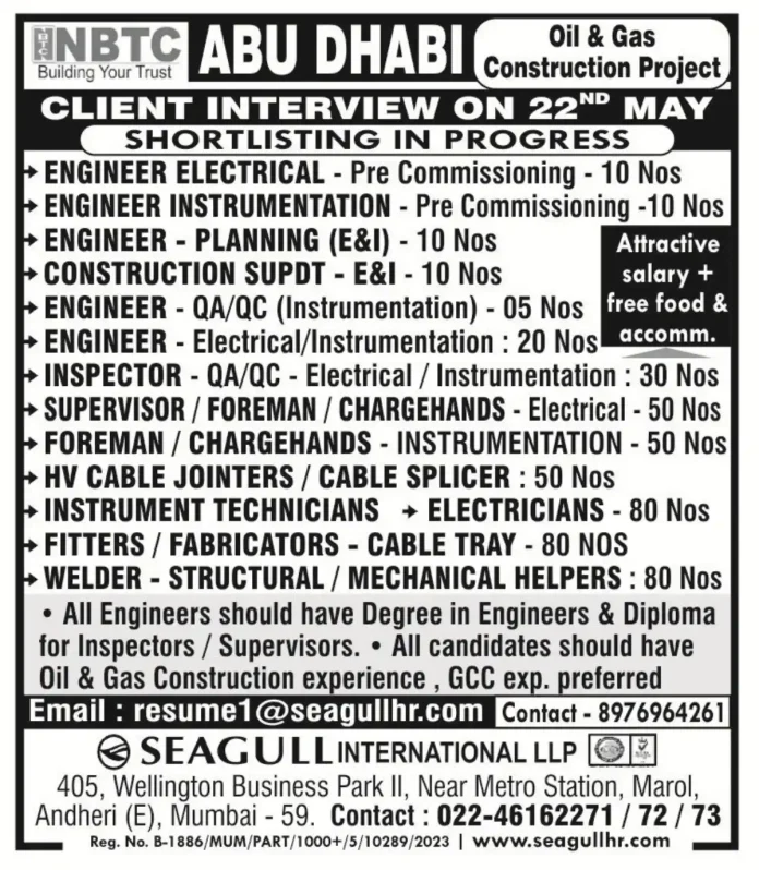 NBTC Abu Dhabi recruitment 2025 electrical instrumentation oil gas jobs