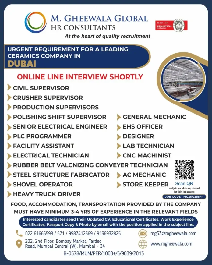 M. Gheewala Global HR Consultants job advertisement for ceramics company in Dubai