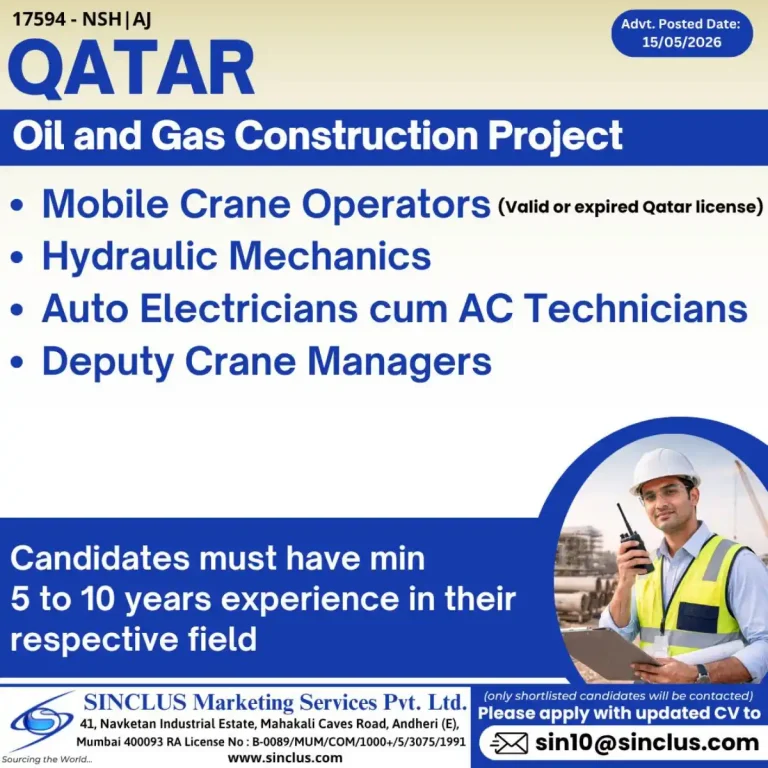 Urgent Hiring: Qatar Oil & Gas Construction Project – Mobile Crane Operators, Hydraulic Mechanics, Auto Electricians & Deputy Crane Managers