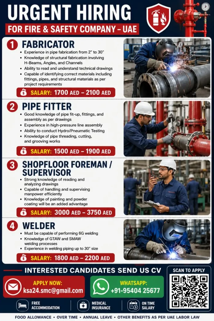 Fire and safety company hiring fabricators, pipe fitters, foremen, and welders in UAE