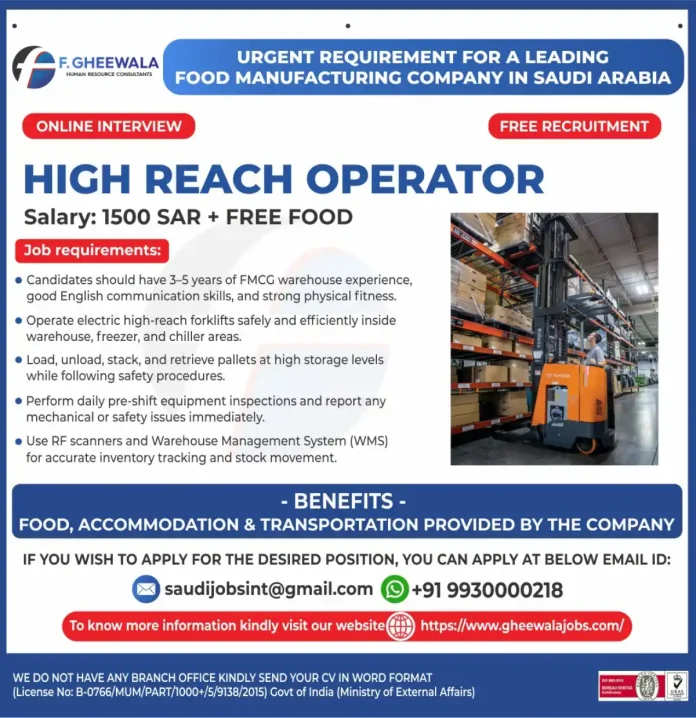 High Reach Operator working in a warehouse stacking pallets at high levels