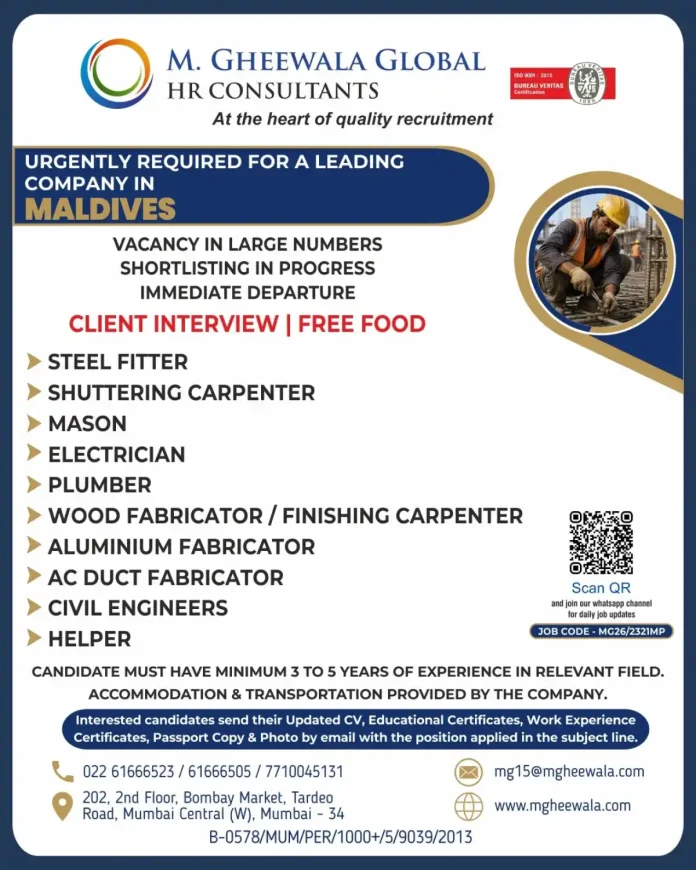 MG GHEEWALA GLOBAL HR CONSULTANTS job advertisement for Maldives construction vacancies with QR code and Bureau Veritas certification
