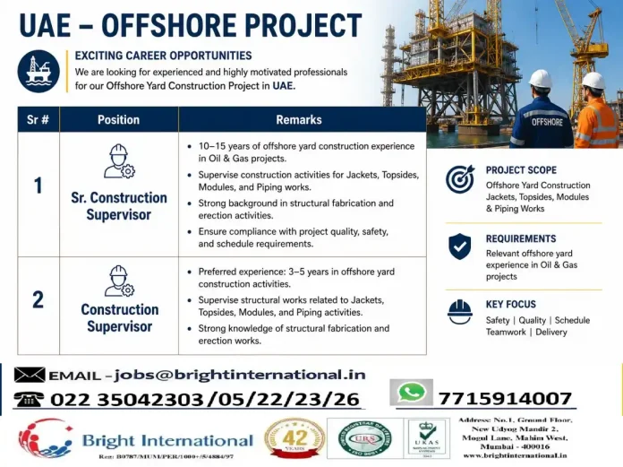 Offshore yard construction project in UAE with jackets, topsides, and modules