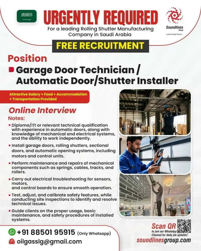 Garage door technician installing a rolling shutter in Saudi Arabia