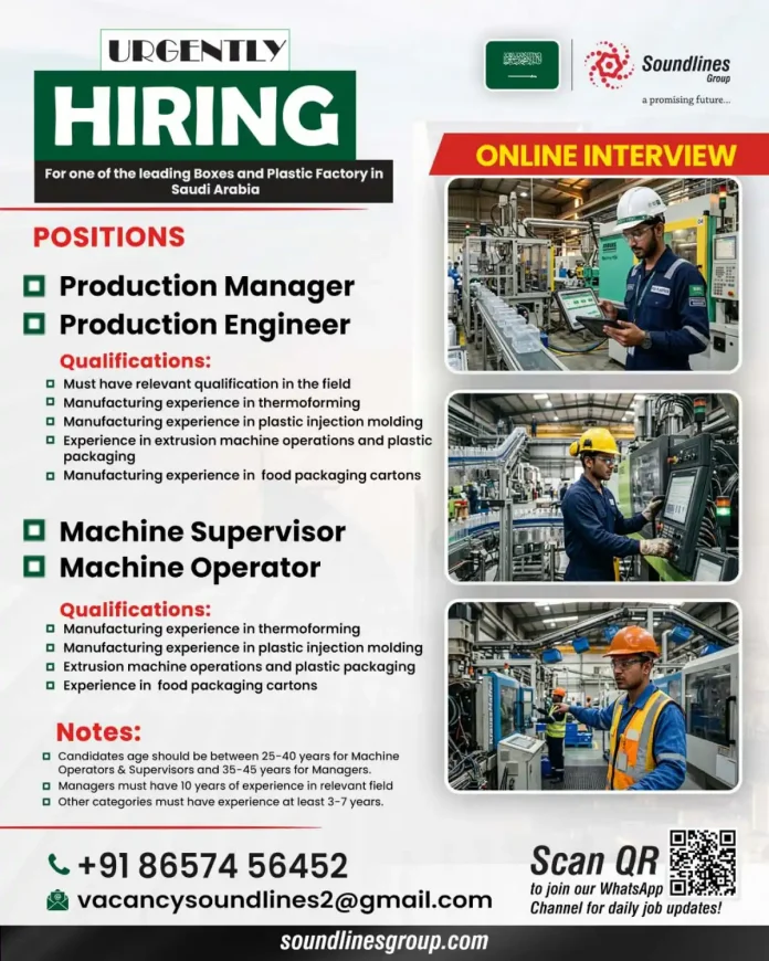 Soundlines Group hiring for boxes and plastic factory in Saudi Arabia