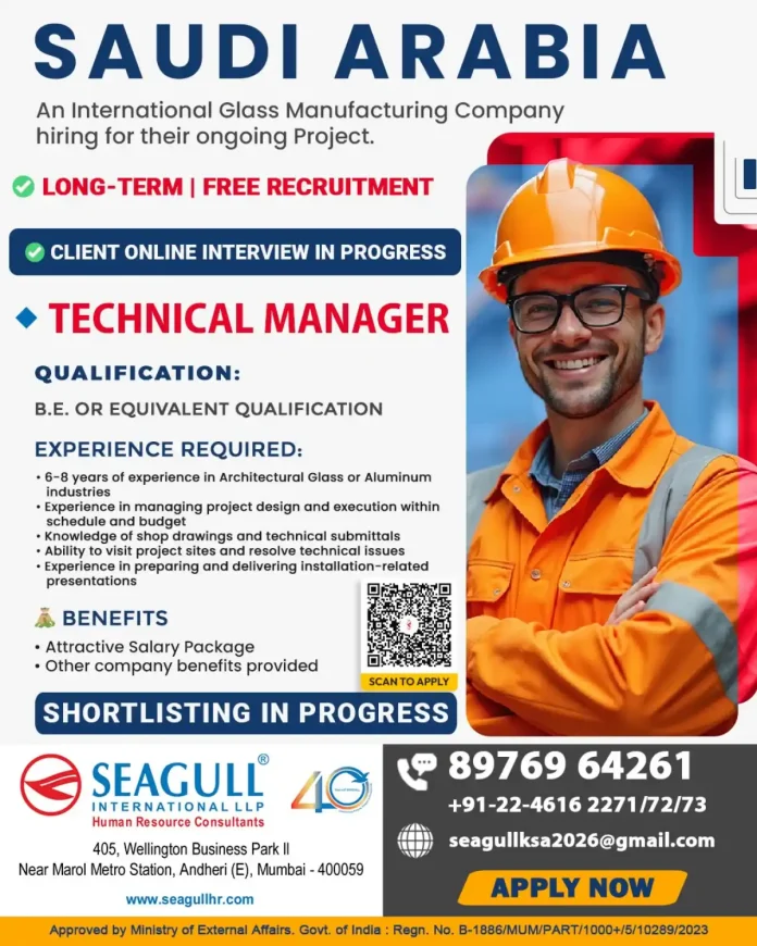 Technical Manager Glass Manufacturing Saudi Arabia job