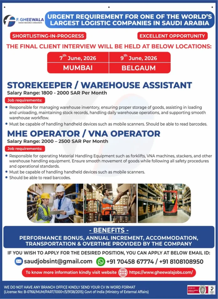 Logistics warehouse jobs Saudi Arabia storekeeper MHE operator