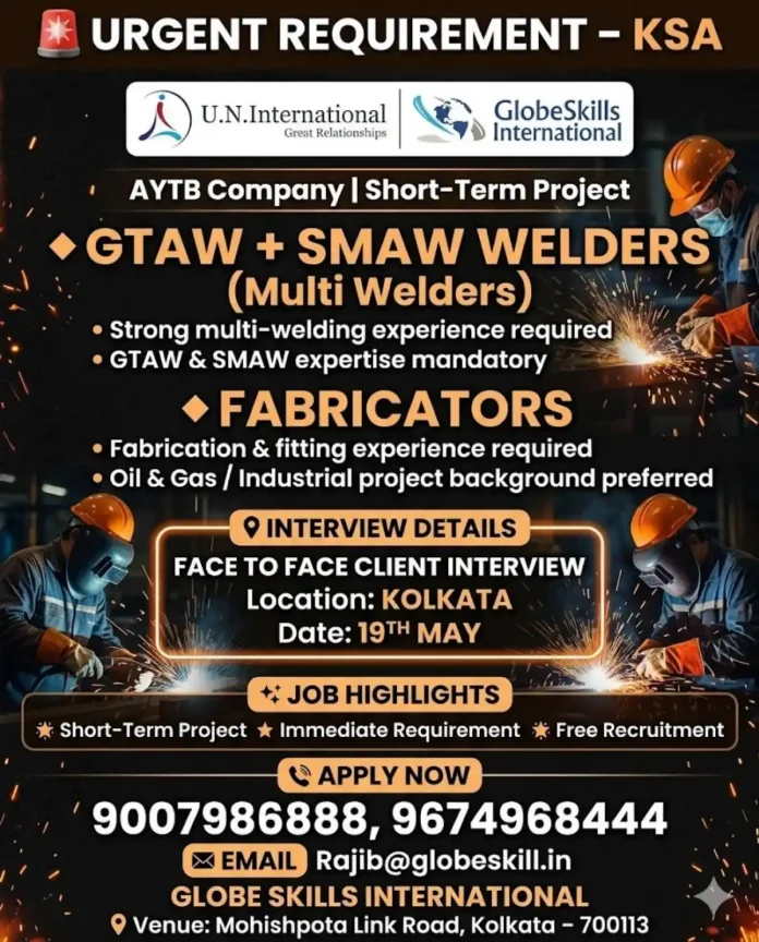 GTAW and SMAW welding jobs in Saudi Arabia