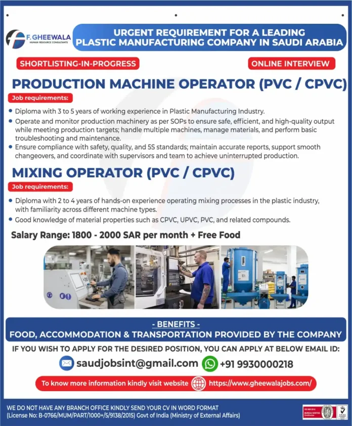 PVC CPVC Production Machine Operator and Mixing Operator job in Saudi Arabia